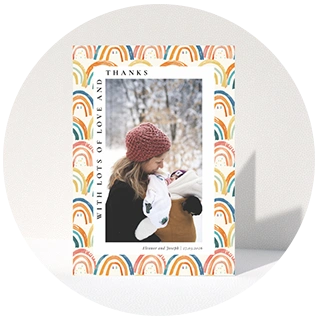 Rainbow border baby thank you card with mother and baby winter photo