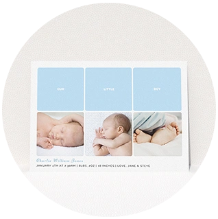 Blue themed birth announcement card with three baby photos and text panels