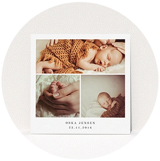Classic white birth announcement card with sepia baby photo collage and name