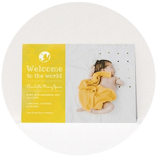 Yellow and white gender neutral birth announcement card with sleeping baby photo
