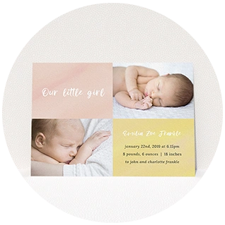 Blush pink baby girl birth announcement with photo collage and pastel tones