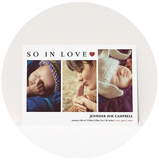 Photo birth announcement card with three images and so in love headline