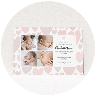 Pink heart background birth announcement card with four baby photos
