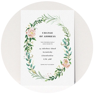 Floral wreath change of address card with pink roses and greenery