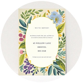 Bold illustrated change of address card with colourful floral border