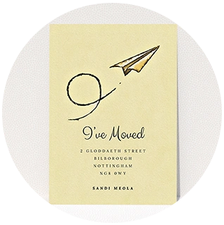 Quirky yellow change of address card with illustrated paper plane and swoosh