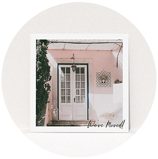 Square photo change of address card with pink exterior and handwritten text