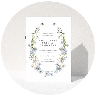 Blue floral christening order of service with delicate wildflower frame