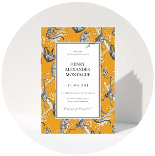 Bright orange christening order of service with playful monkey print border