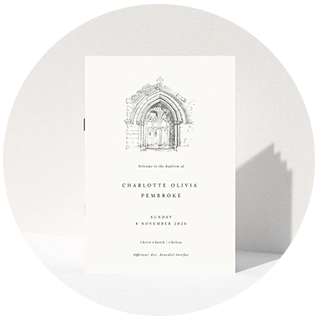 Classic white christening order of service with detailed church door illustration