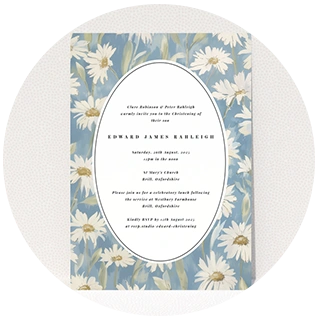 Blue daisy border christening invitation with traditional oval frame