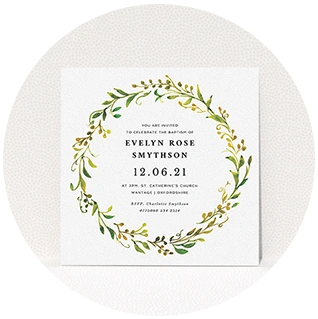 Square botanical christening invitation with green foliage wreath design