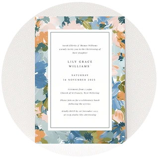 Soft floral christening invitation with pastel painted border