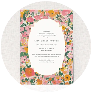 Bright pink and green floral christening invitation with decorative frame