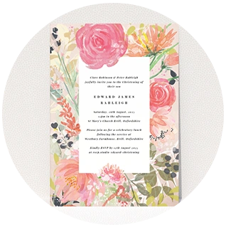 Christening invitation with artistic pink and coral watercolour floral border