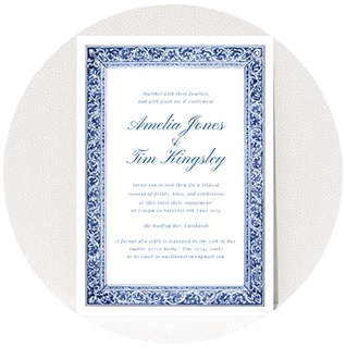 Classic blue border engagement party invitation with ornate detailing