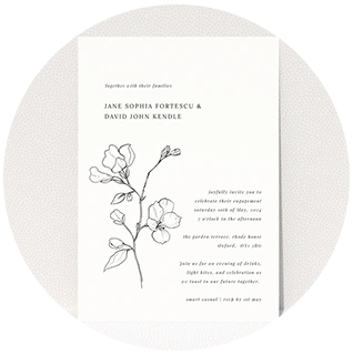 Elegant engagement party invitation with minimal black floral illustration