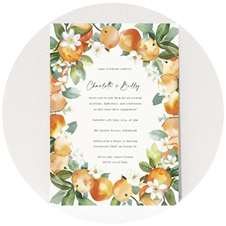Floral engagement party invitation with citrus and blossom watercolour frame