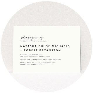 Modern minimalist engagement party invitation with black typewriter text