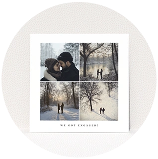 Photo engagement announcement card with winter couple collage layout