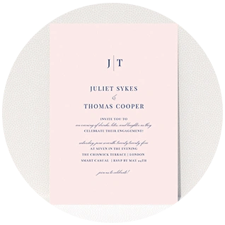 Pink monogram engagement party invitation with stylish serif font