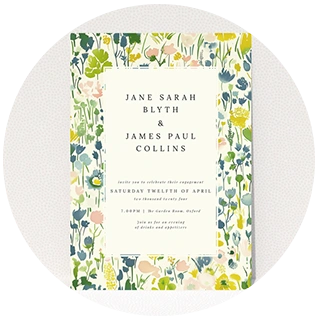 Rustic floral engagement party invitation with colourful meadow border