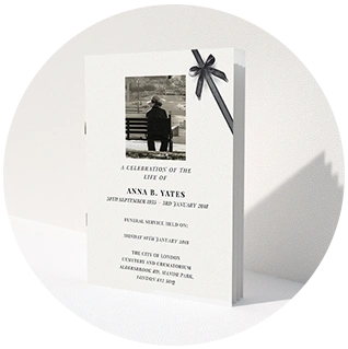 Funeral order of service booklet with ribbon and classic layout
