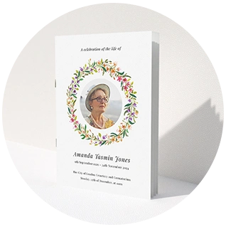 Funeral order of service booklet with floral wreath and oval portrait photo