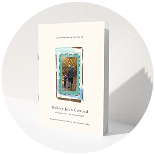 Funeral order of service booklet with modern painted photo frame design