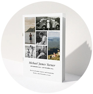 Funeral order of service booklet with black and white photo collage design