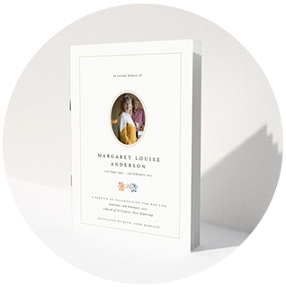 Funeral order of service booklet with oval portrait and elegant layout