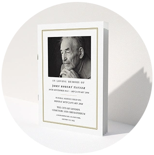 Funeral order of service booklet with simple photo and gold border