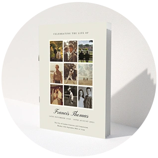 Funeral order of service booklet with vintage-style photo collage layout