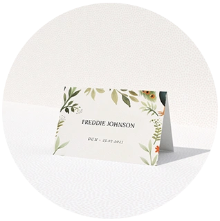 Emerald green place card with botanical accents and clean design