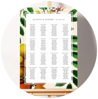 Botanical wedding table plan with tropical fruit and leaf border