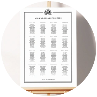 Minimal wedding table plan with black border and vintage crest