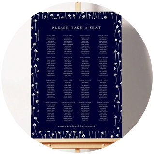 Navy blue wedding table plan with white floral illustrations