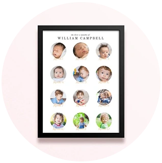 Simple framed photo collage print showing baby’s first 12 months