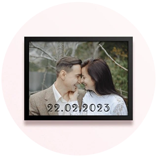 Simple framed wedding print with couple’s photo and date caption