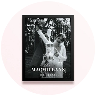 Simple framed black and white wedding photo print with couple’s surname and wedding date