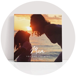 Canvas print birthday gift with mum and child at sunset and white script
