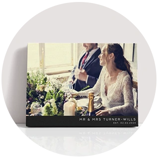 Wedding canvas print with bride at reception and newlywed name and date