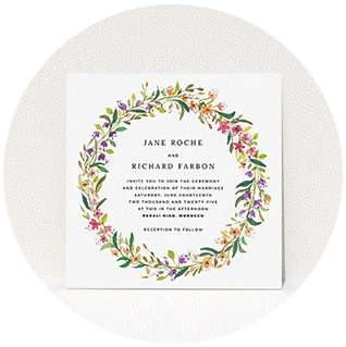 Floral wedding invitation with colourful painted wreath frame