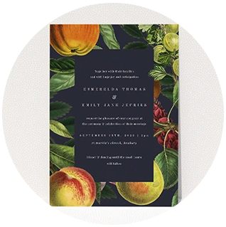 Navy blue wedding invitation with vintage fruit illustrations