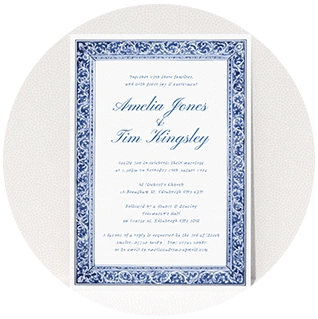 Vintage wedding invitation with ornate blue patterned border