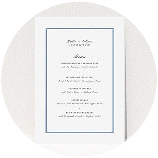 Classic wedding menu card with blue border design