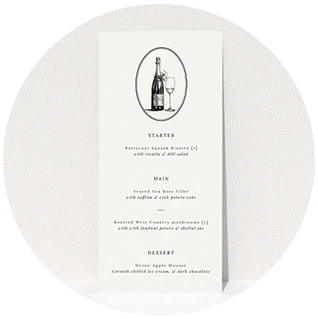 Elegant wedding menu card with champagne bottle illustration