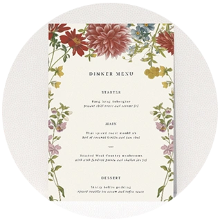 Floral wedding menu card with colourful botanical border