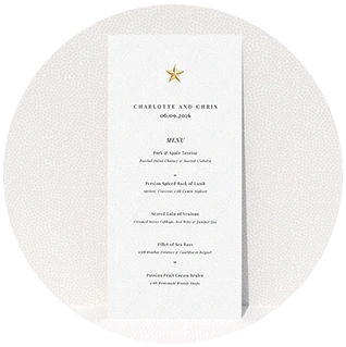 Gold star wedding menu card with clean white layout