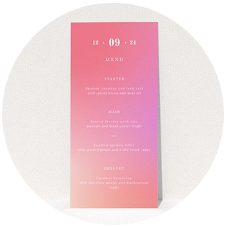 Modern wedding menu card with pink gradient background